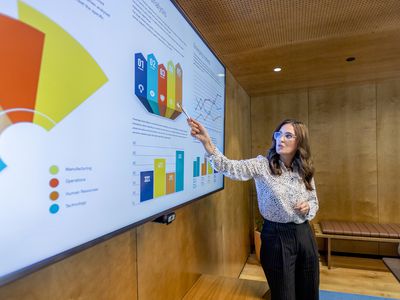 Woman giving a presentation with numbered charts